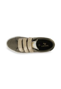 Olive green suede sneaker with three beige hook-and-loop straps, white rubber sole, and black insole featuring a logo.