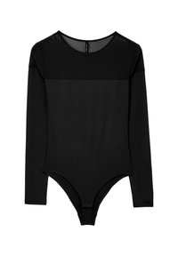 Body a maniche lunghe nere realizzato in tessuto morbido. Presenta un dettaglio in rete sulle spalle, una scollatura rotonda e un design a culotte.