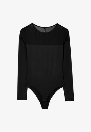 Body a maniche lunghe nere realizzato in tessuto morbido. Presenta un dettaglio in rete sulle spalle, una scollatura rotonda e un design a culotte.