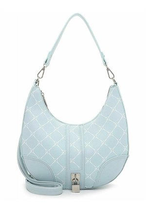 Sac à main en cuir bleu clair, de forme hobo, avec un motif matelassé, des accessoires en argent et une bandoulière amovible. Il dispose d'une fermeture à clapet sur le devant.