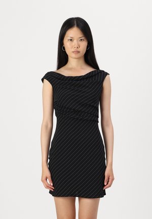 Black dress with a fitted silhouette, off-shoulder design, and white pinstripes. Soft fabric with subtle draping at the neckline.