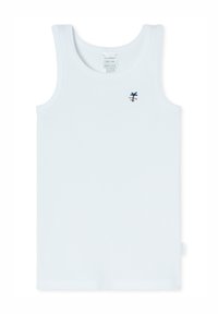 Biała organiczna bawełniana koszulka na ramiączkach z okrągłym dekoltem, wąskimi ramiączkami i małym granatowym emblematem na lewej piersi. Gładka faktura.