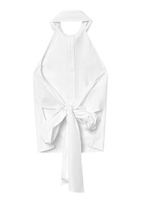 Blusa bianca senza maniche con colletto e dettaglio con cravatta in vita. Realizzata in tessuto liscio con una forma strutturata e chiusura a bottoni sul davanti.