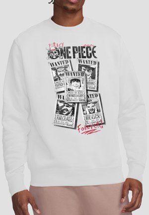 Sweatshirt with black and white "One Piece" wanted posters featuring characters Monkey D. Luffy, Gold Roger, Arlong, Buggy, and another pirate.