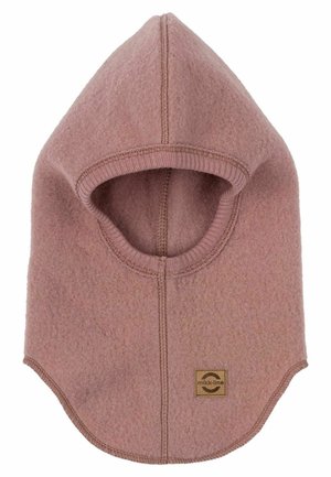 Balaclava en polaire de couleur rose doux. Elle possède une capuche arrondie, des bords côtelés et une couture cousue. Inclut une étiquette de logo de marque sur le côté.