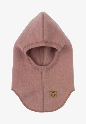 Balaclava en polaire de couleur rose doux. Elle possède une capuche arrondie, des bords côtelés et une couture cousue. Inclut une étiquette de logo de marque sur le côté.