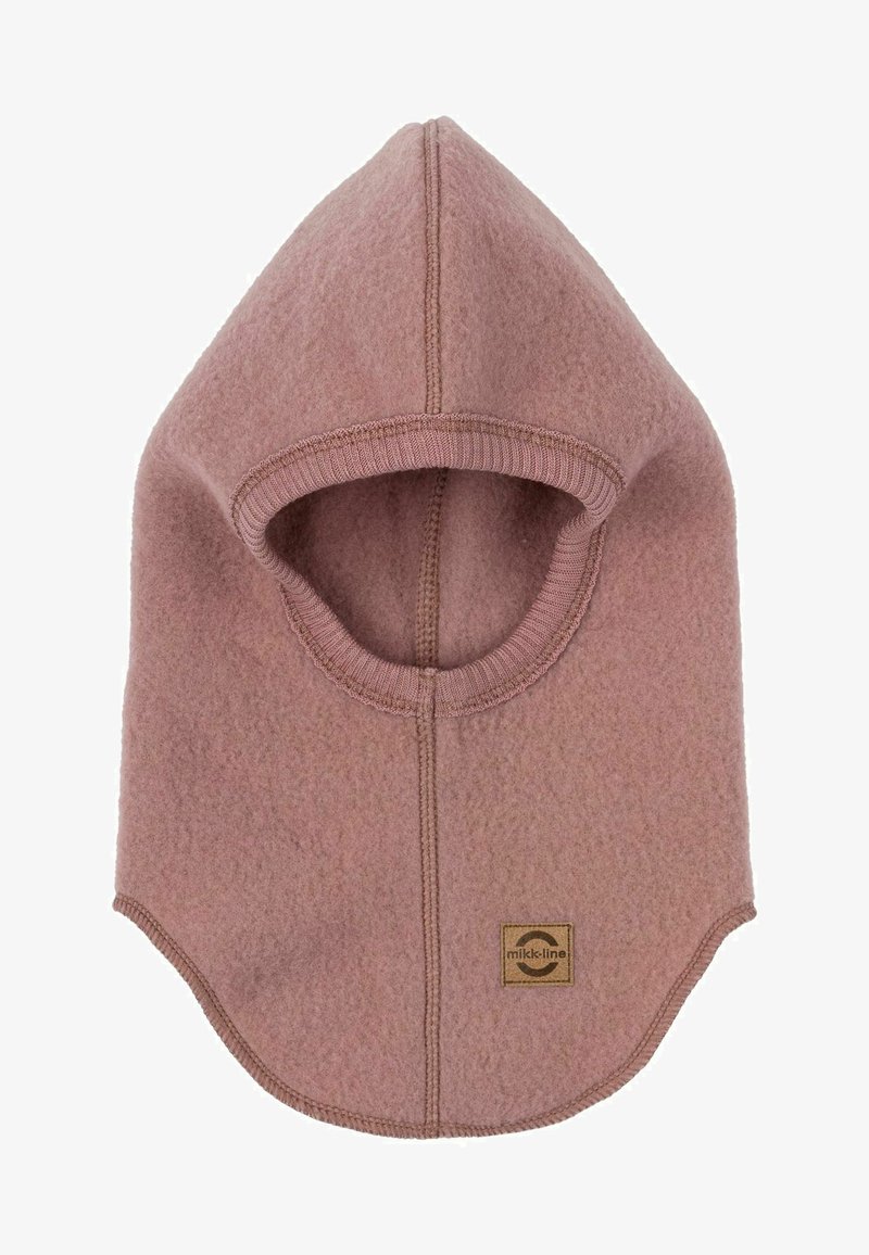 Balaclava de forro polar en rosa suave. Presenta una capucha redondeada, bordes acanalados y una costura cosida. Incluye una etiqueta de logo de marca en el lateral.