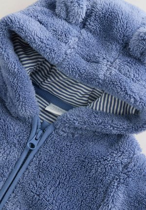 Hellblaue plüschige Kapuzenjacke mit flauschiger Textur, ausgestattet mit einem Reißverschluss und gestreifter Futter. Enthält dekorative Ohr-Akzente an der Kapuze.