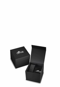 Schwarze Karton-Geschenkbox mit matter Oberfläche. Auf der Oberseite und innen ist ein weißes "LOTUS"-Logo zu sehen. Die Box ist quadratisch und hat einen abnehmbaren Deckel.