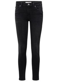 Schwarze Skinny-Jeans aus Denim; verfügen über ein Fünf-Taschen-Design, einen Frontknopf und einen Reißverschluss, mit dezenten Verwaschungen und Steppdetails.