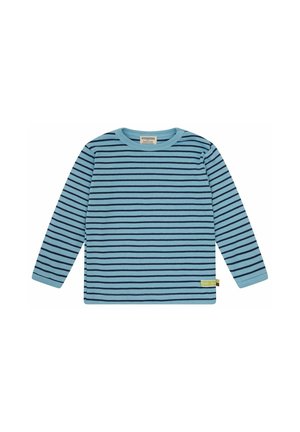 Maglietta a maniche lunghe di colore azzurro chiaro con strisce orizzontali blu navy, scollo rotondo, texture morbida e piccola etichetta verde del brand sull'orlo.