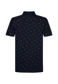 Námořnický polo tričko s krátkými rukávy z texturované tkaniny, zdobené malými modrými a žlutými vzory rybiček. Klasický límec a rovný lem.