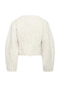 Beskåret, cremefarvet jakke med tekstureret stof, der har lange, puffede ærmer og subtile sølvglimt. Lukning bagpå.