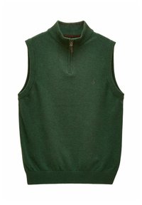 Tamsiai žalia be rankovių megzta liemenė su raukšlėta apykakle, rankovėmis, apačia ir trumpa priekinė užtrauktuku.