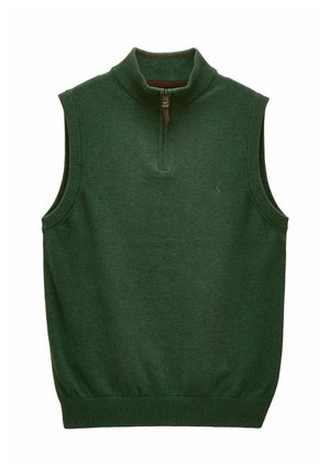 Dunkelgrüne ärmellose Strickweste mit geripptem Kragen, Armöffnungen, Saum und einem kurzen Frontreißverschluss.