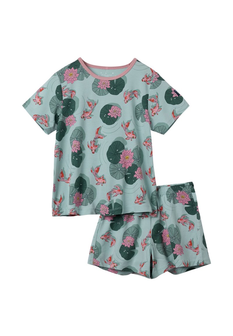 Katoenen pyjamashort met een T-shirt met korte mouwen en shorts. Lichtteal achtergrond met koi-vissen en roze waterlelies patroon. Roze accent.