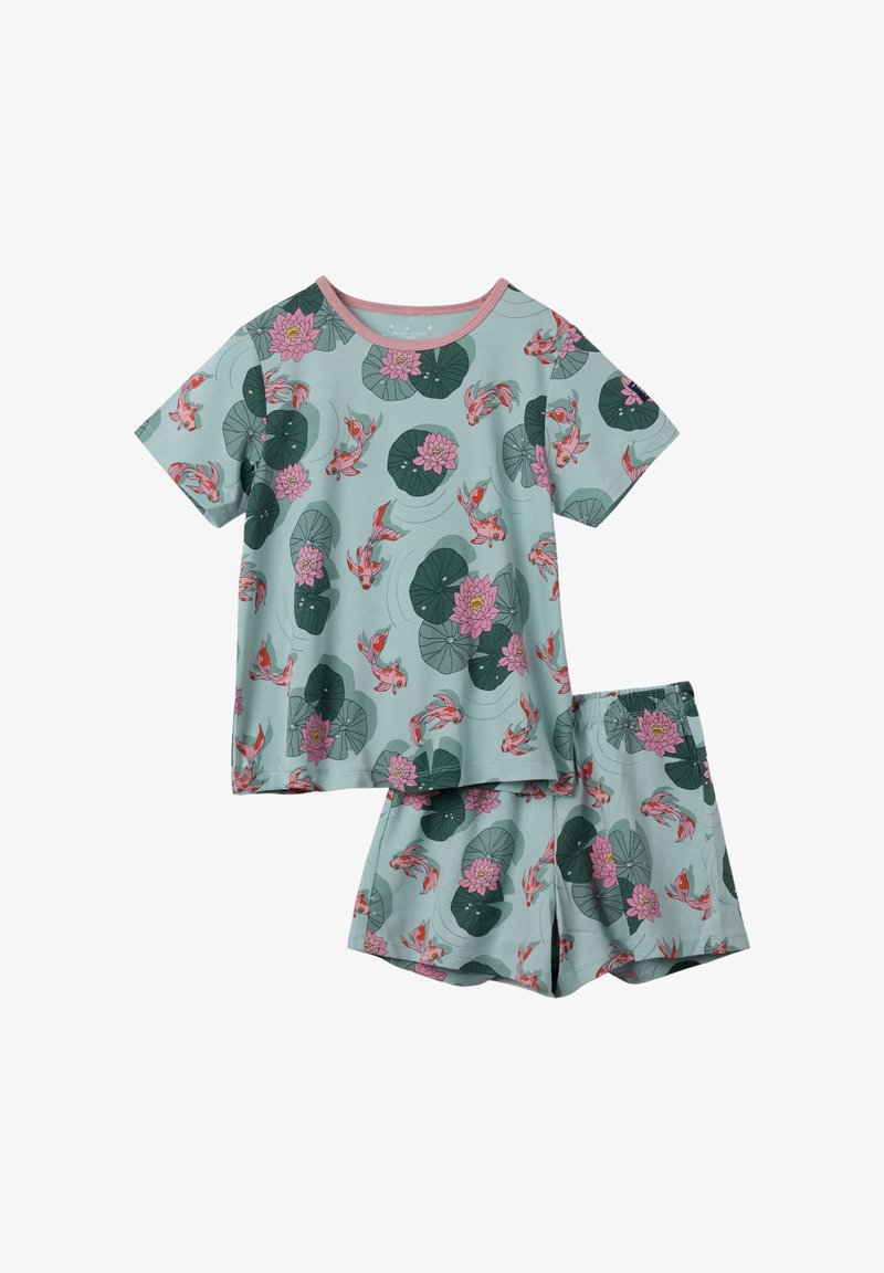 Katoenen pyjamashort met een T-shirt met korte mouwen en shorts. Lichtteal achtergrond met koi-vissen en roze waterlelies patroon. Roze accent.