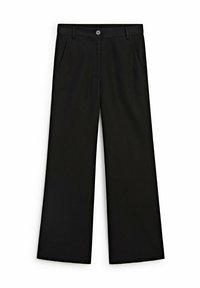Zwarte wijd uitlopende broek gemaakt van een gladde stof, met een knoopsluiting, twee voorkruiszakken en een op maat gemaakte tailleband.