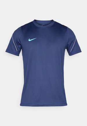 Marineblaues Nike-T-Shirt mit kurzen Ärmeln und Rundhalsausschnitt, mit einem hellblauen Logo und weißen Akzenten an den Ärmeln. Hergestellt aus leichtem Stoff.