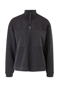 Pullover grigio scuro con colletto alto e chiusura con zip. Dotato di due tasche frontali e polsini a coste. Realizzato in un morbido tessuto testurizzato.