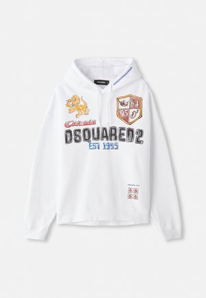 White hoodie made of cotton, featuring a front logo with a lion, shield graphics, and text. Includes a drawstring hood and ribbed cuffs.