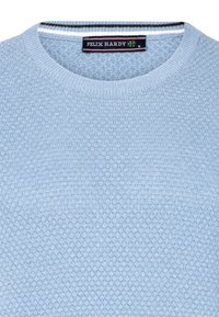 Hellblauer Strickpullover mit einem strukturierten Wabenmuster, Rundhalsausschnitt und gerippten Bündchen. "Felix Hardy" Etikett am Kragen.