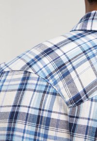 Sininen ja valkoinen ruudullinen flanellipaita, jossa on taitettu kaulus ja kontrastisia ruutukuoseja, pehmeä pinta ja ommellut yksityiskohdat.