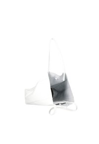Borsa tote bianca in pelle con una superficie morbida, apertura superiore e interno grigio. Presenta una base rotonda e lunghe cinghie a spalla per il trasporto.
