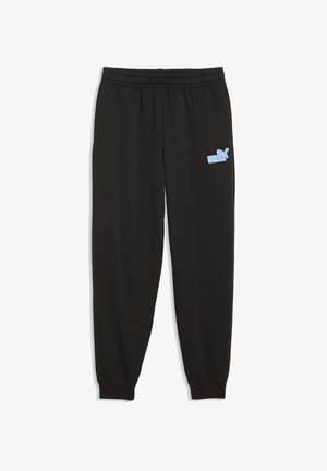 Czarne spodnie dresowe Puma z elastycznym pasem i ściągaczami, z małym niebieskim logo Puma na górnej lewej części uda.