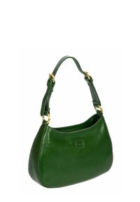 Sac à main en cuir vert foncé avec une seule bandoulière réglable et des accessoires en ton doré, présenté sur fond blanc.