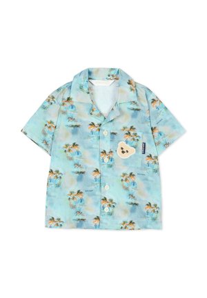 Jasnoniebieska koszula z krótkim rękawem z nadrukiem palm oraz przednią kieszenią z małą beżową naszywką w kształcie misia.