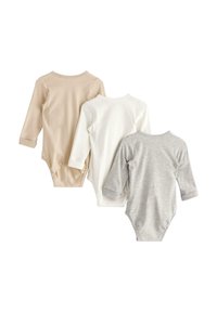 Drei langärmelige Baby-Bodysuits aus Baumwolle in Beige, Weiß und Grau, mit runden Ausschnitten und Druckknopfverschlüssen im Schritt.