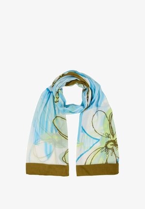 Écharpe légère avec un motif floral bleu sur un fond blanc, bordée d'un ourlet marron uni. Texture douce et lisse.