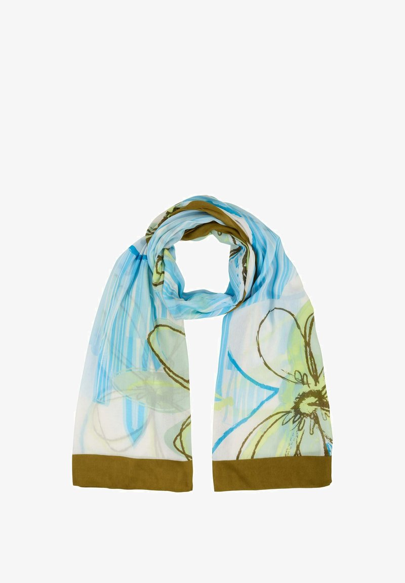 Lichtgewicht sjaal met een blauw bloemontwerp op een witte achtergrond, met een effen bruine zoom. Zachte, gladde textuur.