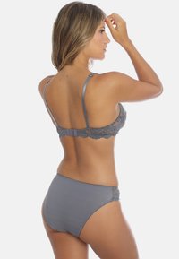 Gray lace-trimmed bra and matching high-waist panties. Smooth fabric with a subtle sheen, adjustable straps, and hook closure at the back.