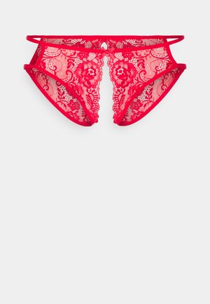 Red lace thong with floral patterns, featuring open sides and thin straps. The material is sheer with soft, delicate texture.