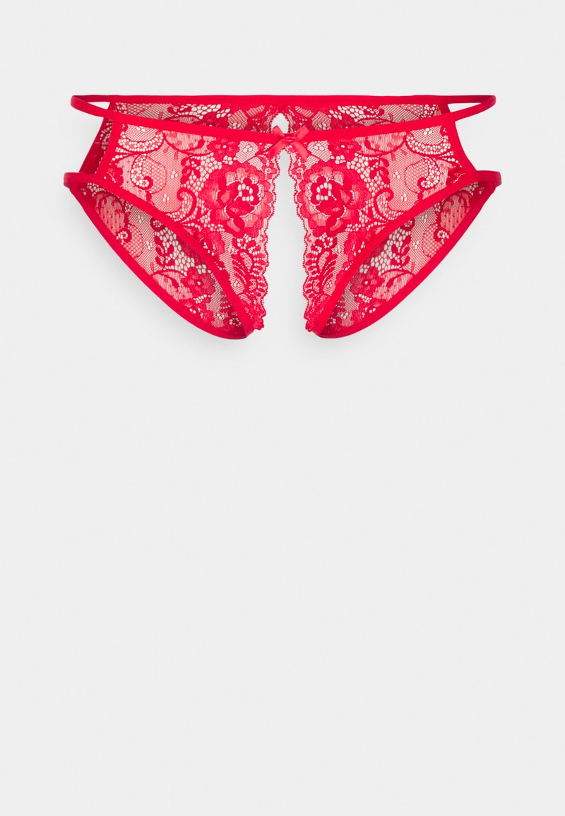 Rode kanten string met bloemenpatronen, met open zijkanten en dunne bandjes. Het materiaal is doorschijnend met een zachte, delicate textuur.