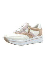 Baskets blanches et beige en matériaux de daim et de cuir, à bout rond, semelle blanche texturée et fermeture éclair décorative sur le côté.
