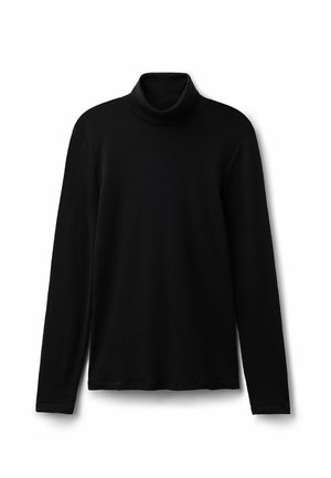 Schwarzes Rollkragenshirt aus leichtem Stoff. Hat lange Ärmel und ein enganliegendes Design mit hohem, umgeschlagenem Kragen.