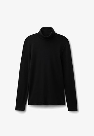 Schwarzes Rollkragenshirt aus leichtem Stoff. Hat lange Ärmel und ein enganliegendes Design mit hohem, umgeschlagenem Kragen.