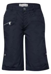 Mörkblå knälånga shorts i lätt tyg, med en ficka med dragkedja, kontrastsömmar och knappstängning i midjan.