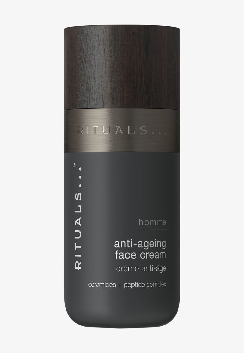 Bottiglia grigio scuro di crema viso anti-età Rituals Homme con tappo in legno e fascia metallica con nome del marchio.