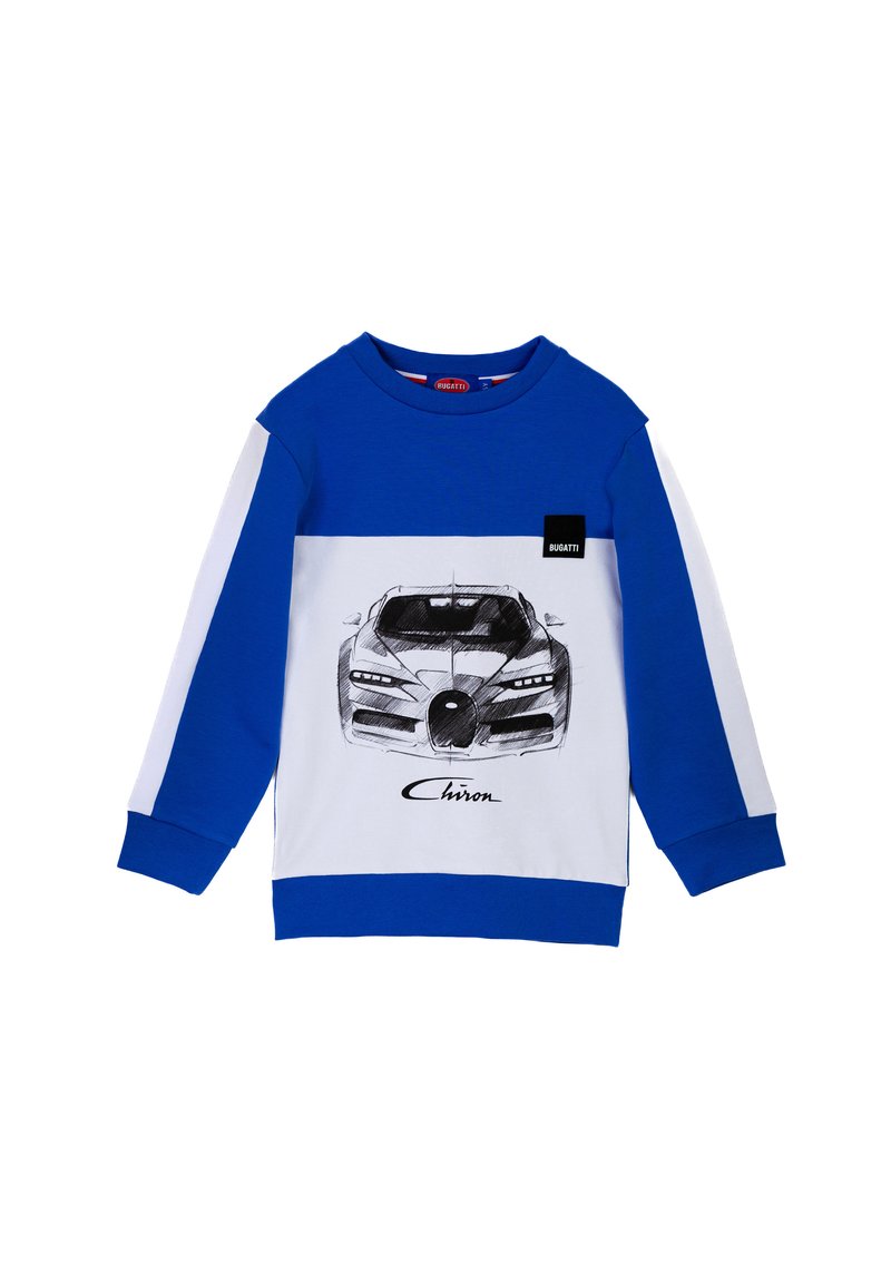 Felpa a maniche lunghe blu e bianca con illustrazione della Bugatti Chiron e patch logo sul petto. Tessuto di cotone morbido, vestibilità rilassata.