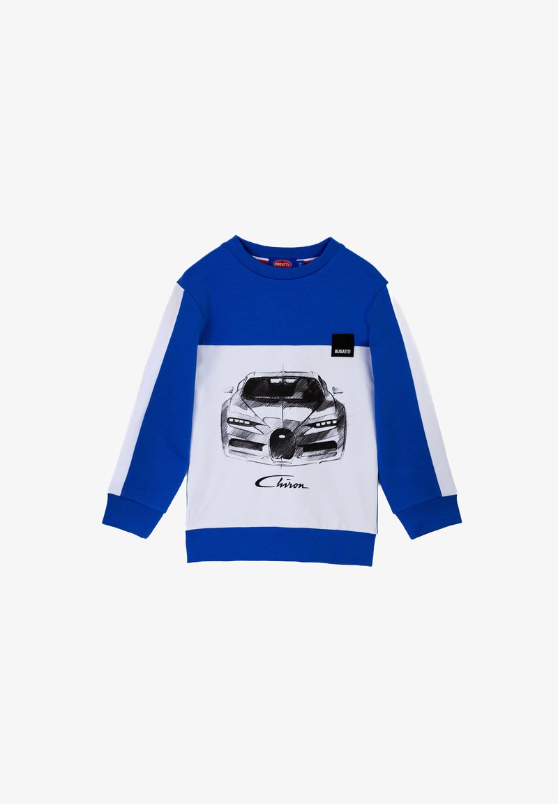 Felpa a maniche lunghe blu e bianca con illustrazione della Bugatti Chiron e patch logo sul petto. Tessuto di cotone morbido, vestibilità rilassata.