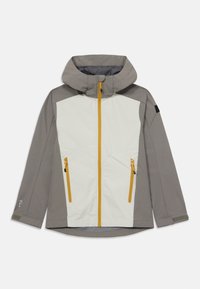 Veste à capuche grise et blanc cassé, dotée d'une fermeture éclair jaune, de deux poches zippées et de panneaux texturés. Disponible en différentes tailles.