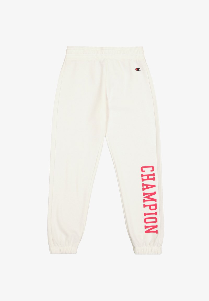 Weiße Jogginghose mit elastischem Bund und Säumen. "CHAMPION" in fettem Rot auf dem unteren linken Bein gedruckt. Weicher Stoff.