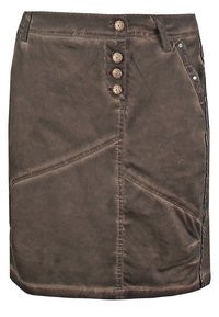Bruine denimrok met een knoopsluiting aan de voorkant met vier decoratieve knopen, schuine naaddetails en twee zijzakken.