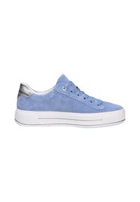 Light blue suede sneakers with white rubber soles, silver detailing on the heel, and matching blue laces. Clean, simple design.