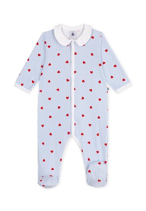 Babystrampler mit blauen und weißen Streifen, rotem Herz-Print, langen Ärmeln, Fußteilen und weißem, abgerundetem Kragen mit Knöpfen vorne.
