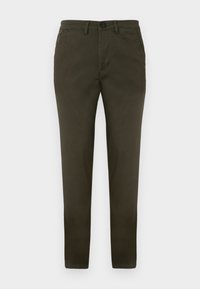 Pantalons vert olive foncé à coupe slim, en coton. Dotés d'une fermeture à bouton et de poches latérales. Texture lisse, jambes droites.